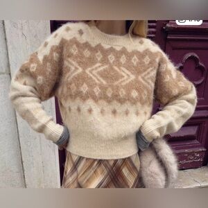 Zara Brushed Jacquard Fair Isle Sweater Cream Beige Knit Jumper Size S